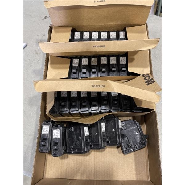 TRAY OF NEW SCHNEIDER 15 AMP BREAKERS