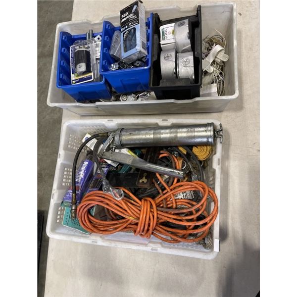 2 TOTES OF ASSORTED TOOLS, SHOP SUPPLY AND ELECTRICAL
