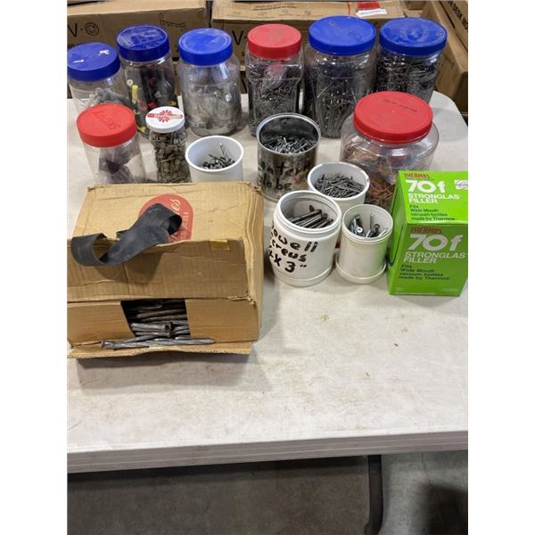 BOX OF ASSORTED SHOP HARDWARE , NUTS BOLTS AND SCREWS