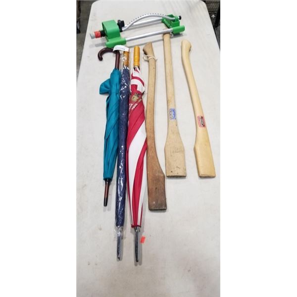 3 AXE HANDLES, 3 UMBRELLAS AMND SPRINKLER