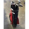 Image 1 : GOLF BAG WITH CLUBS INCLUDING TPX AND DUNLOP LOCO PUTTERS, ARMOUR IRONS ETC