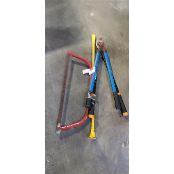 BUNDLE OF GARDEN TOOLS AND SLEDGE ETC