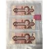 Image 2 : 3 MINT CANADIAN 1986 $2 BILLS IN SEQUENCE 419-420 LAST ISSUES $2 BILLS