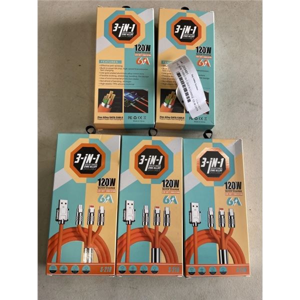 FIVE NEW THREE-IN-1 QUICK CHARGE 120 W DATA CABLES