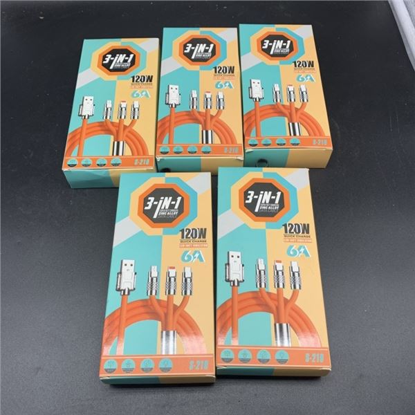 FIVE NEW THREE-IN-1 QUICK CHARGE 120 W DATA CABLES
