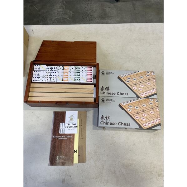 NEW YELLOW MOUNTAIN DOMINOS DOUBLE 12 GAME WITH WOODEN CASE AND RACKS, AND 2 NEW CHINESE CHESS SETS