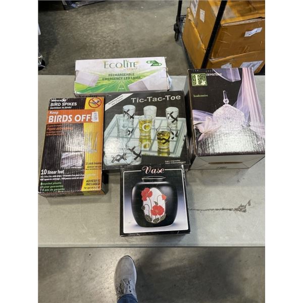 NEW OLD STOCK HOUSEHOLD VASES, SHOT GAME, BIRDS OFF SPIKES AND ECO LITE EMRGENCY LED RECHARGEABLE LA