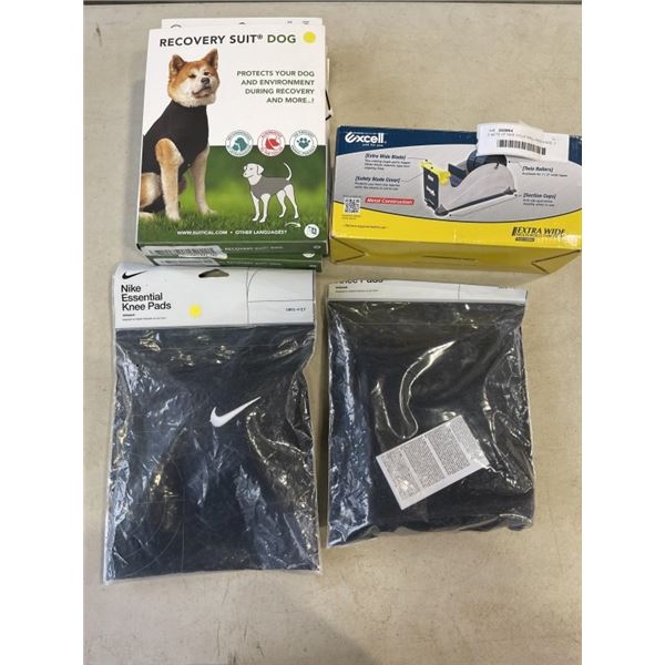 2 SETS OF NIKE VOLLEYBALL KNEE PADS, 2 DOG RECOVERY SUITS AND EXCELL EXTRA WIDE TAPE DISPENSER