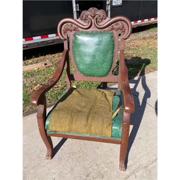 WOODEN, CARVED BACK ARMCHAIR