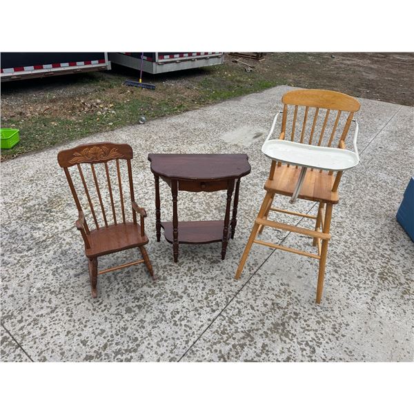 CHILDREN'S CHAIR, DOLL HIGHCHAIR, AND END TABLE