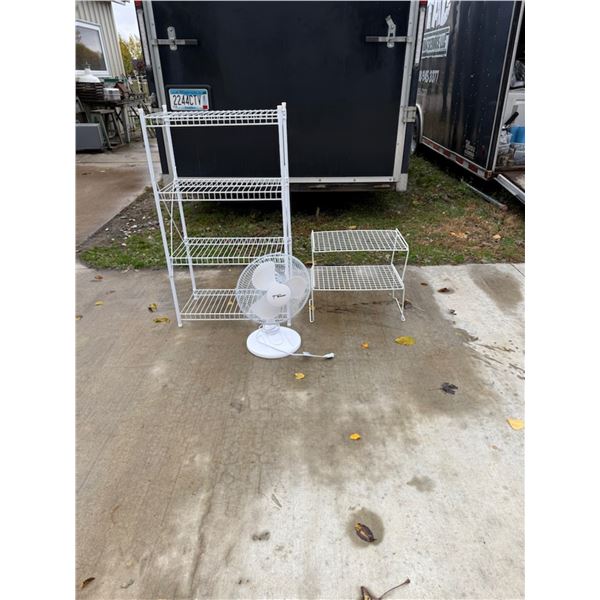 WIRE SHELVES AND FAN