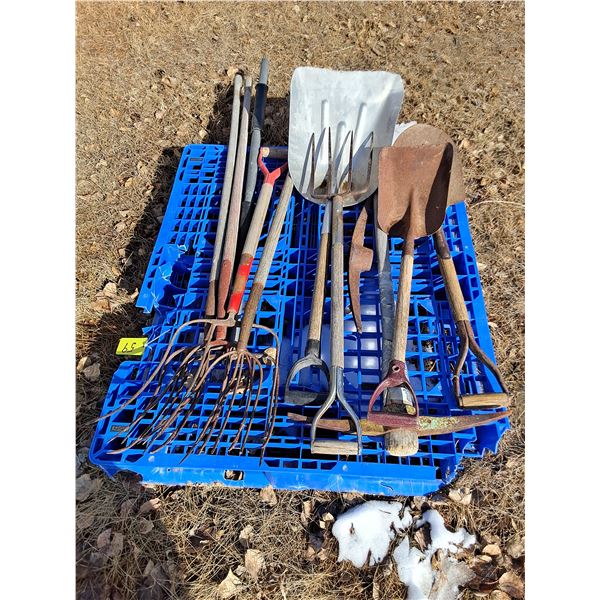 (5) Pitch Forks, (3) Scoop Shovels, (1) Potato Fork, (1) Pick Axe & Extra Head