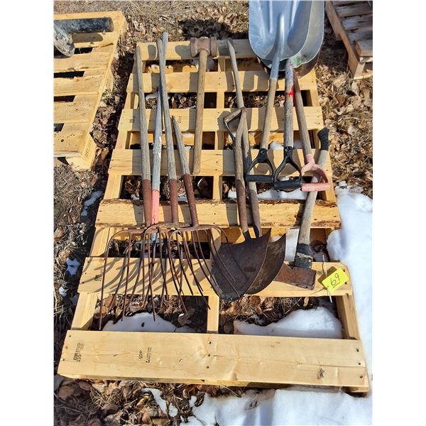 (4) Pitch Forks - 1 Broken, (3) Scoop Shovels, (2) Spades, (1) Axe, (1) Post Maul