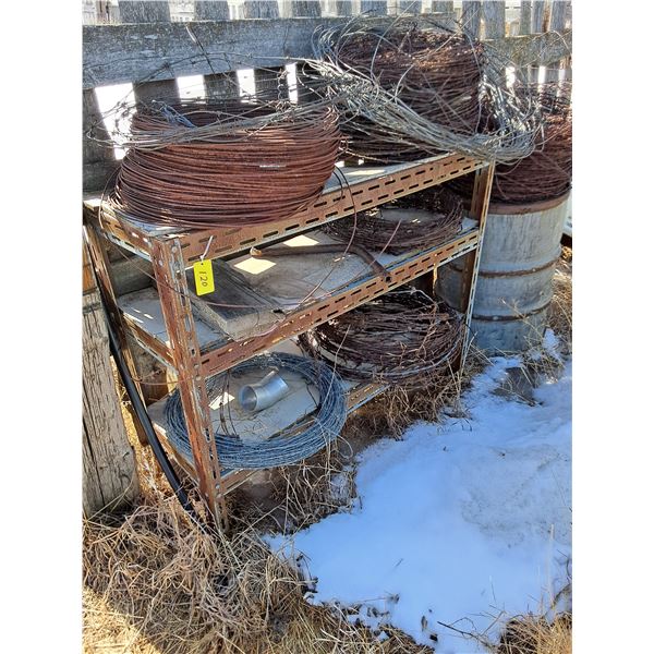 Assorted Barbed Wire, Shelving & Barrel