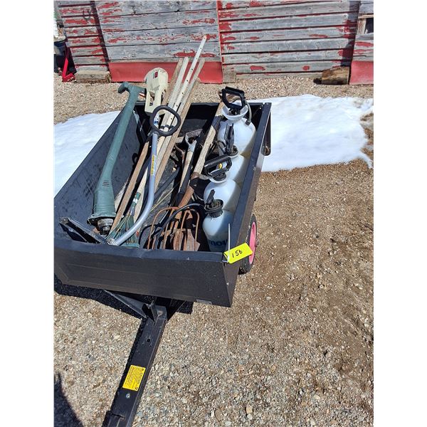 (4) Hand Sprayers, (2) Electric Grass Trimmers, Potato & Pitch Forks, (3) Hoes, Small Dump Trailer
