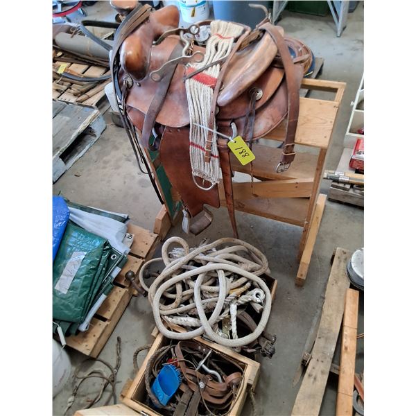 14" Seat Saddle w/Miscellaneous Tack & Saddle Stand