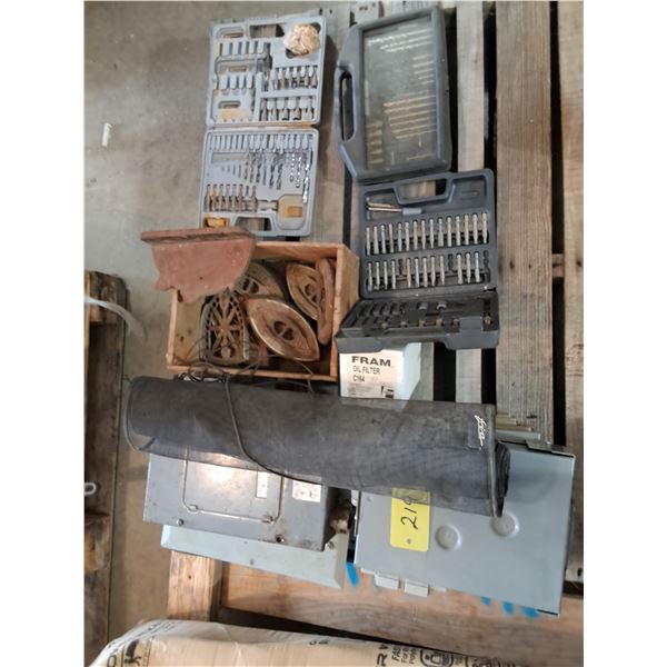 (4) Electrical boxes, oil filter, 3- drill bit sets, grille bug screen & (4) Sad Irons with Trivet