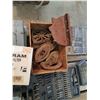 Image 4 : (4) Electrical boxes, oil filter, 3- drill bit sets, grille bug screen & (4) Sad Irons with Trivet
