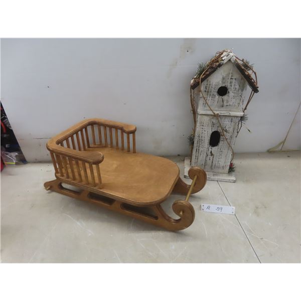 Vintage Wooden Sleigh (9" × 22½" × 10") and Decorative Bird House