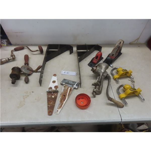 Vintage Tools Including Drills, Planes, Engine Oiler, Meat Grinder, Planer Blades, Tow Balls, and