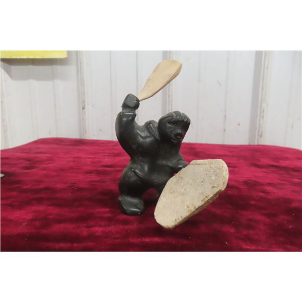 Soap Stone Inuit Carving of Drummer 4 1/2" Tall with Artist Initials in Photo