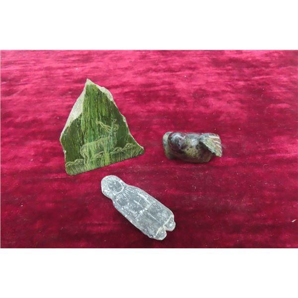 Three Soap Stone Carvings: Biggest 3 1/8" Tall, Bird by Howard Moose, Elk, and Inuit
