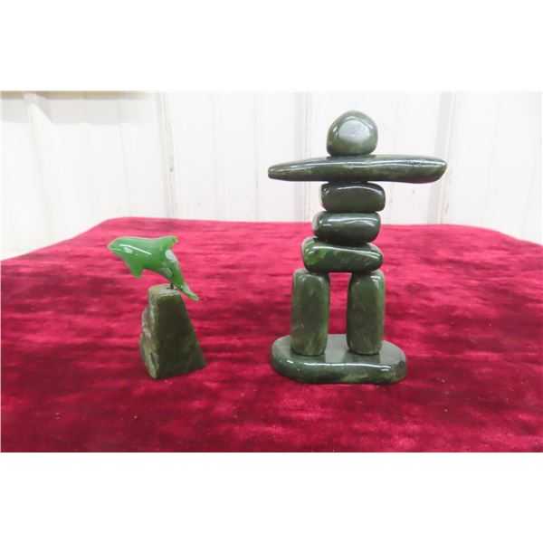 Jade Inukshuk Carving Display 5 1/2" Tall and Jade Whale