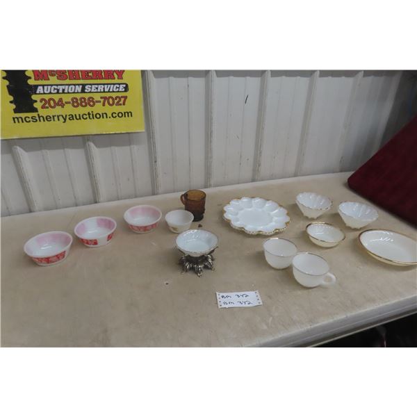 Vintage Milk Glass Gold Trim Devilled Egg Dish and Fire King