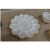 Image 2 : Vintage Milk Glass Gold Trim Devilled Egg Dish and Fire King