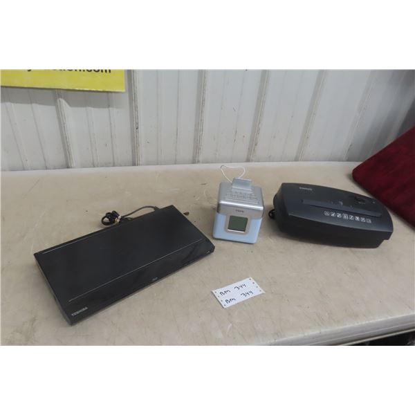 Toshiba Blu-Ray Player, Staples Paper Shredder, and Alarm Clock