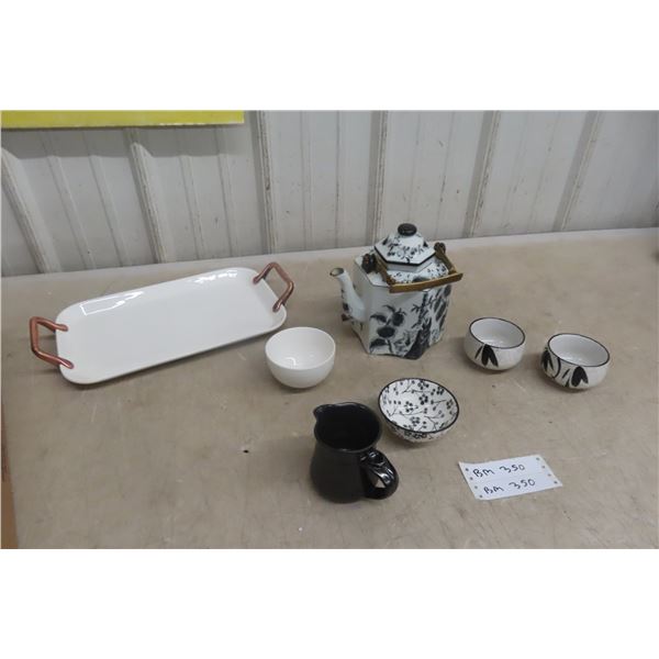 Oriental Tea Pot Black/White, Serving Tray, and Cups