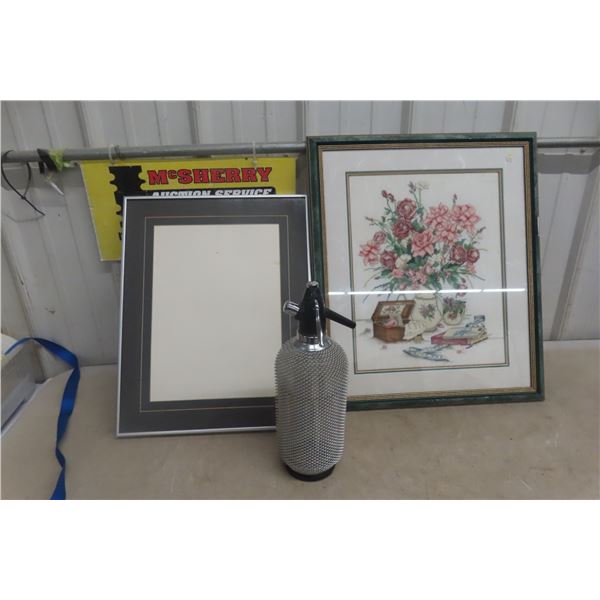 Glass Seltzer Soda Maker, Needlepoint 23" x 20" Framed by Sheena's Gallery, and Frame with Mat 20"