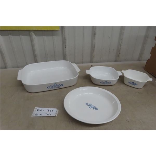 Four Piece Vintage Blue Cornflower Corningware: Large Baking Pan, Pie Plate, and Two Casseroles