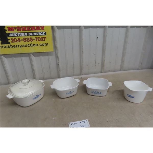 Four Piece Vintage Blue Cornflower Corningware: Casserole with Lid, Saucemaker, and Two Small