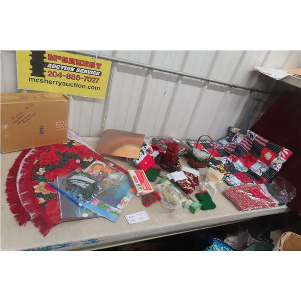 Christmas Tree Skirt, Handmade Quilt, Four Stockings, and Variety of Christmas Decorations