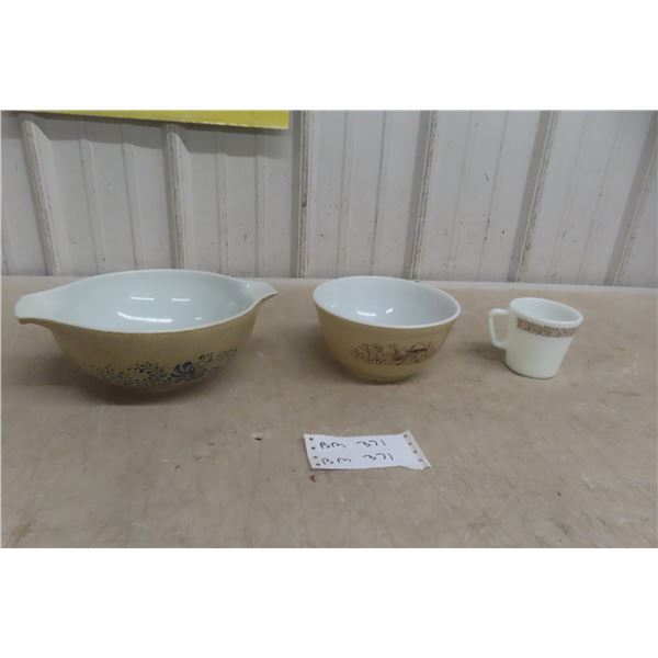 Set of Two Pyrex Mixing Bowls (Homestead and Mushroom Patterns) and Woodland Mug