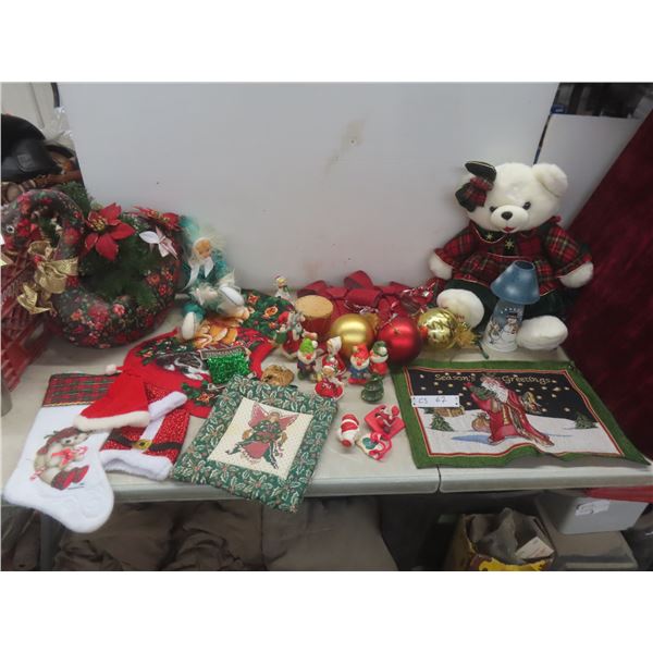Christmas Décor Lot Including Candle Holder, Stuffed Bear, and More