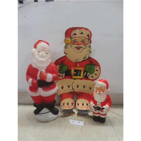 Two Vintage Santa Blow Molds (28" and 12" Tall) and One 29" Cardboard Santa