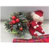 Image 4 : Christmas Décor Lot Including Stockings, Wreath, Vintage Plastic Popcorn Santa, and Candle Holders