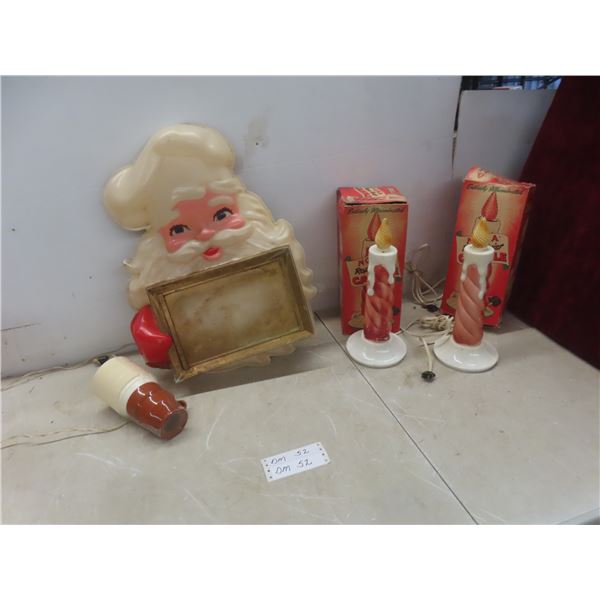 Vintage Plastic Santa Wall Hanging and Two Noma Rope Frost Candles with Original Boxes