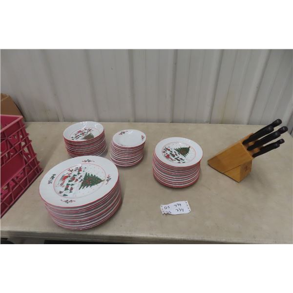Knife Set in Block and Christmas Dishes