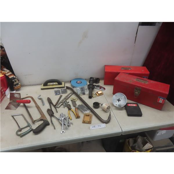 Two Metal Toolboxes with Tape Measure, Wrenches, Hole Saw, Crowbar, Chisel, and More