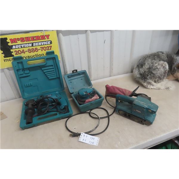 Three Makita Drills, Belt Sander, and Palm Sander