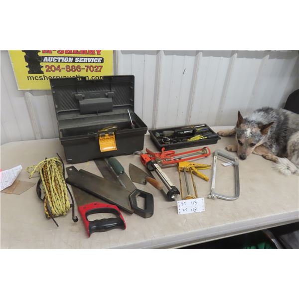 Tool Box Full of Screwdrivers, Allen Wrenches, Hack Saw, Caulking Gun, Saws, and Trowels