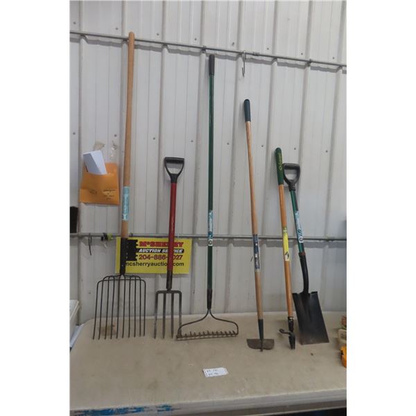 Six Hand Yard Tools: Two Shovels, Fork, Hoe, and More