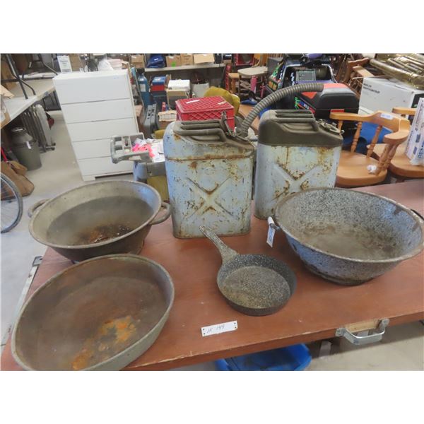 Two U.S. Metal Gas Containers, Two Vintage Colanders, and More