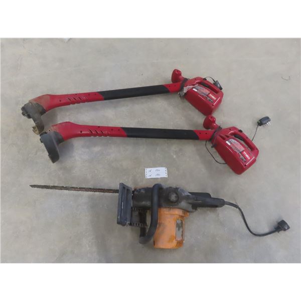Two Toro Electric Weed Eaters and One Electric Chainsaw