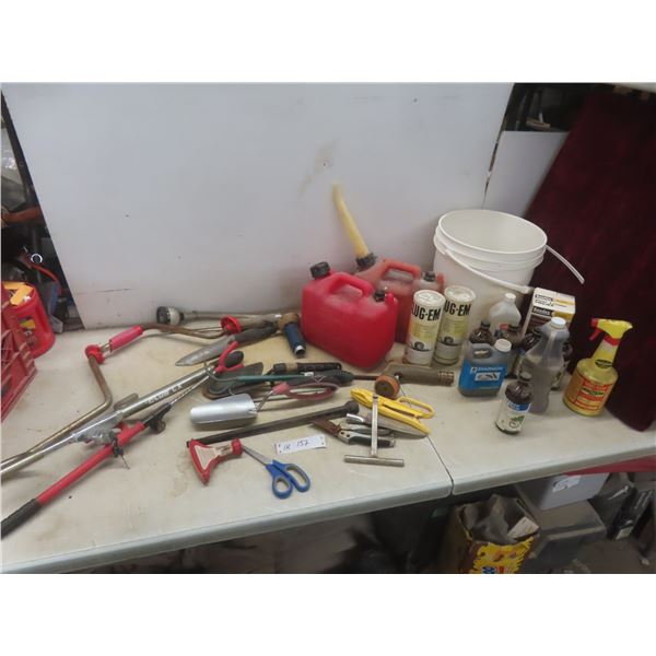 Two Plastic Gas Containers, Steering-Wheel Lock with Key, Garden Tools, Sprayer, Bore Spray,
