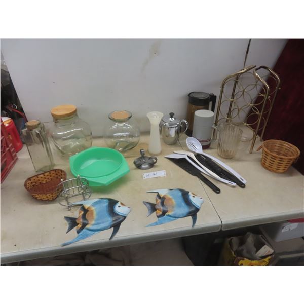 Kitchen Items Including Utensils, Thermos, Glass Containers, and More