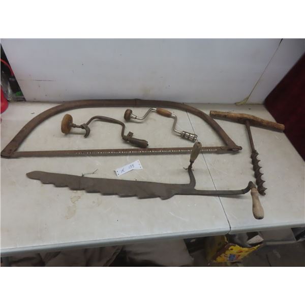 Vintage Tools Including Bow Saw, Manual Drills, Hay Knife, and More